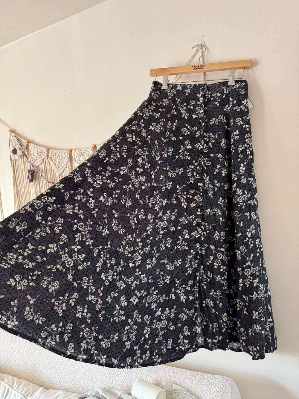 Black and White Floral Maxi Skirt - Lightweight A-Line